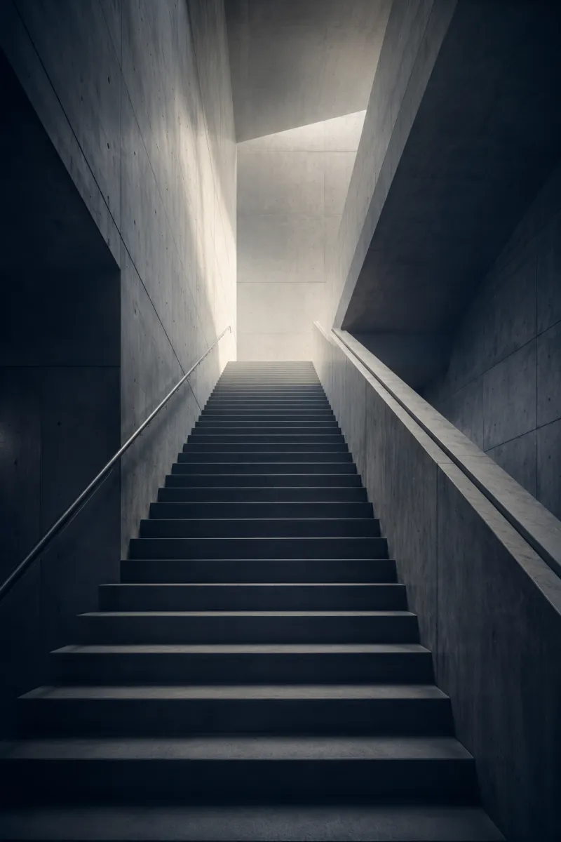 Escalier monumental en béton vers la lumière